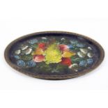 A painted oval tin tray, 20th century, painted with a bouquet of fruit and flowers on a blue ground,
