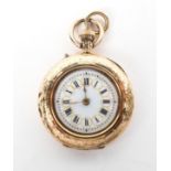 A ladies 14ct gold cased ladies fob watch, the enamel dial with Roman numerals denoting hours, 19.