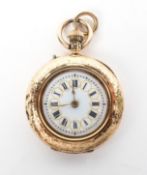 A ladies 14ct gold cased ladies fob watch, the enamel dial with Roman numerals denoting hours, 19.