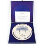 A sterling silver Churchill centenary plate designed by Annigioni, with engraved Churchill image,
