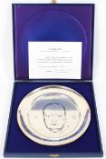 A sterling silver Churchill centenary plate designed by Annigioni, with engraved Churchill image,