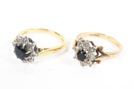 Two sapphire and diamond cluster rings. One hallmarked for 18ct gold, one hallmarked for 9ct gold.