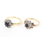 Two sapphire and diamond cluster rings. One hallmarked for 18ct gold, one hallmarked for 9ct gold.