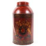 A toleware lidded jar and cover, armorial, enriched in deep red, probably 19th/early 20th century,