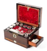 A Victorian rosewood and mother of pearl inlaid ladies travelling box,