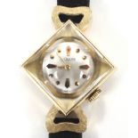 A vintage ladies 14ct gold cased Le Coultre wristwatch, the case of square form,