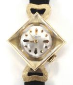 A vintage ladies 14ct gold cased Le Coultre wristwatch, the case of square form,