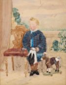 A watercolour on card, Highlander Boy with toy horse, signed E.