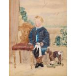 A watercolour on card, Highlander Boy with toy horse, signed E.