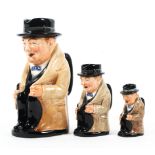 A set of three Royal Doulton Winston Churchill Toby jugs in sizes, mid-20th century,