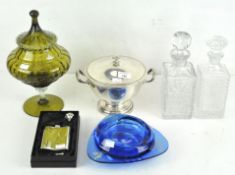 Assorted wares, including a continental silver plated lidded storage pot and two glass decanters,