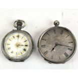 Two open faced silver pocket watches, one being 935 silver, the other marked fine silver,