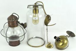 Two vintage ceiling lights, with metal frames and fittings, together with a brass wall sconce