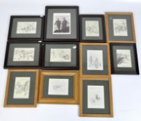 A selection of etching prints depicting country scenes of horses, farmers and more,