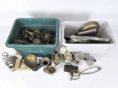 A large quantity of assorted metal ware, including a set of Salter scales,