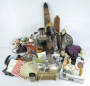 Two boxes of assorted items to include Oriental style metal vases, a painted Japanese parasol, tins,
