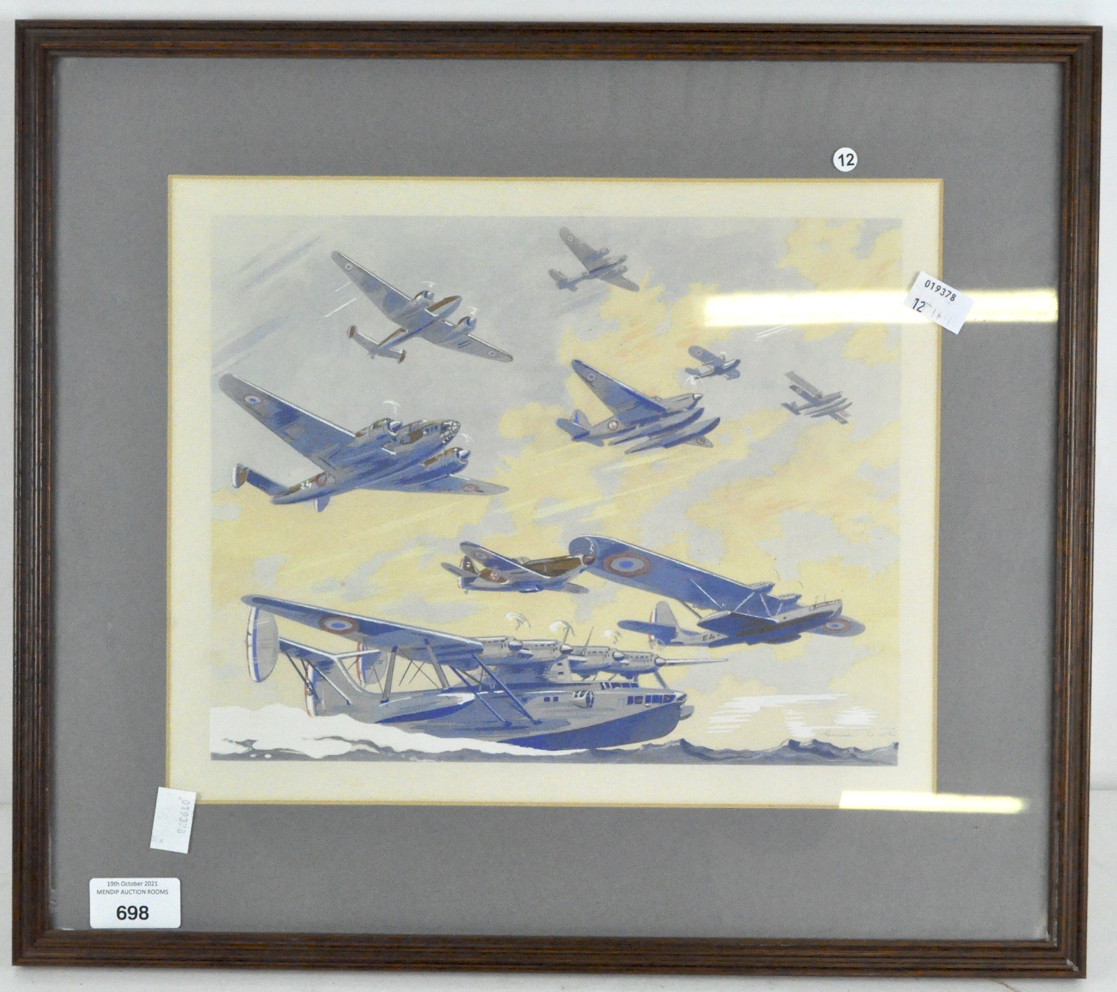 A mid-century screenprint on paper of a fly-past of various RAF aicraft,
