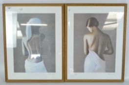 Two contemporary framed prints of women in robes viewed from behind,