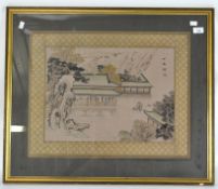 A 20th century Chinese silk work, depicting a traditional building amongst foliage,