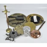 A selection of assorted brass and other metalware, including various chargers,