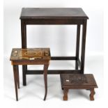 A Victorian oak side table together with a Sorrento ware table and a carved mahogany stool