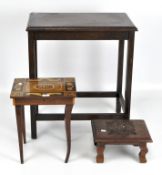 A Victorian oak side table together with a Sorrento ware table and a carved mahogany stool