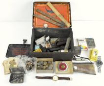 Assorted collectables in a vintage Blue Bird tin, including: playing and games cards,