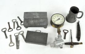 Assorted collectable's including tankard, pressure gauge, corkscrews, and more.