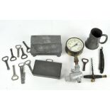 Assorted collectable's including tankard, pressure gauge, corkscrews, and more.