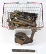 An assortment of metal ware, to include a brass letter box and spirit levels,