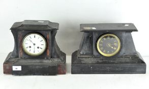 A slate mantel clock with red marble insert together with another similar