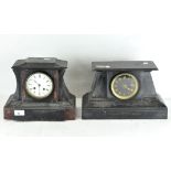 A slate mantel clock with red marble insert together with another similar