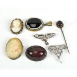 A selection of assorted jewellery, to include two cameo brooches and an amethyst set tie pin,