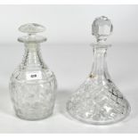 Two cut glass decanters, one being a ships decanter, both with stoppers,