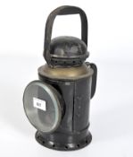 A vintage GWR rail lantern, with bevelled glass front and single handle to top and back,.