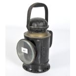 A vintage GWR rail lantern, with bevelled glass front and single handle to top and back,.