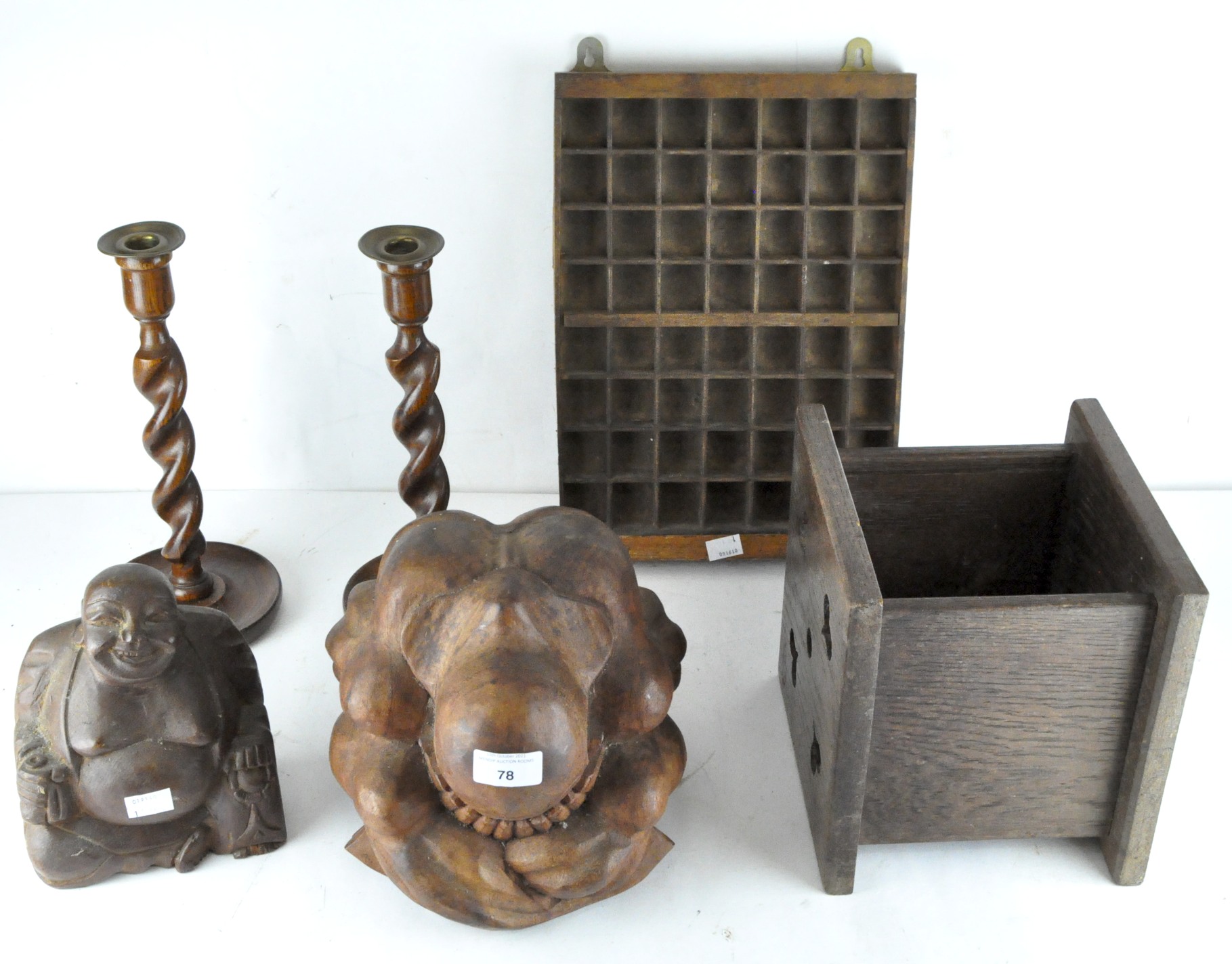 A collection of wooden wares, including a pair of oak barley twist candlesticks,