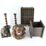A collection of wooden wares, including a pair of oak barley twist candlesticks,