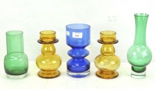 A collection of vintage Finnish Riihimaki Modernist coloured glass vases,