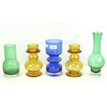 A collection of vintage Finnish Riihimaki Modernist coloured glass vases,