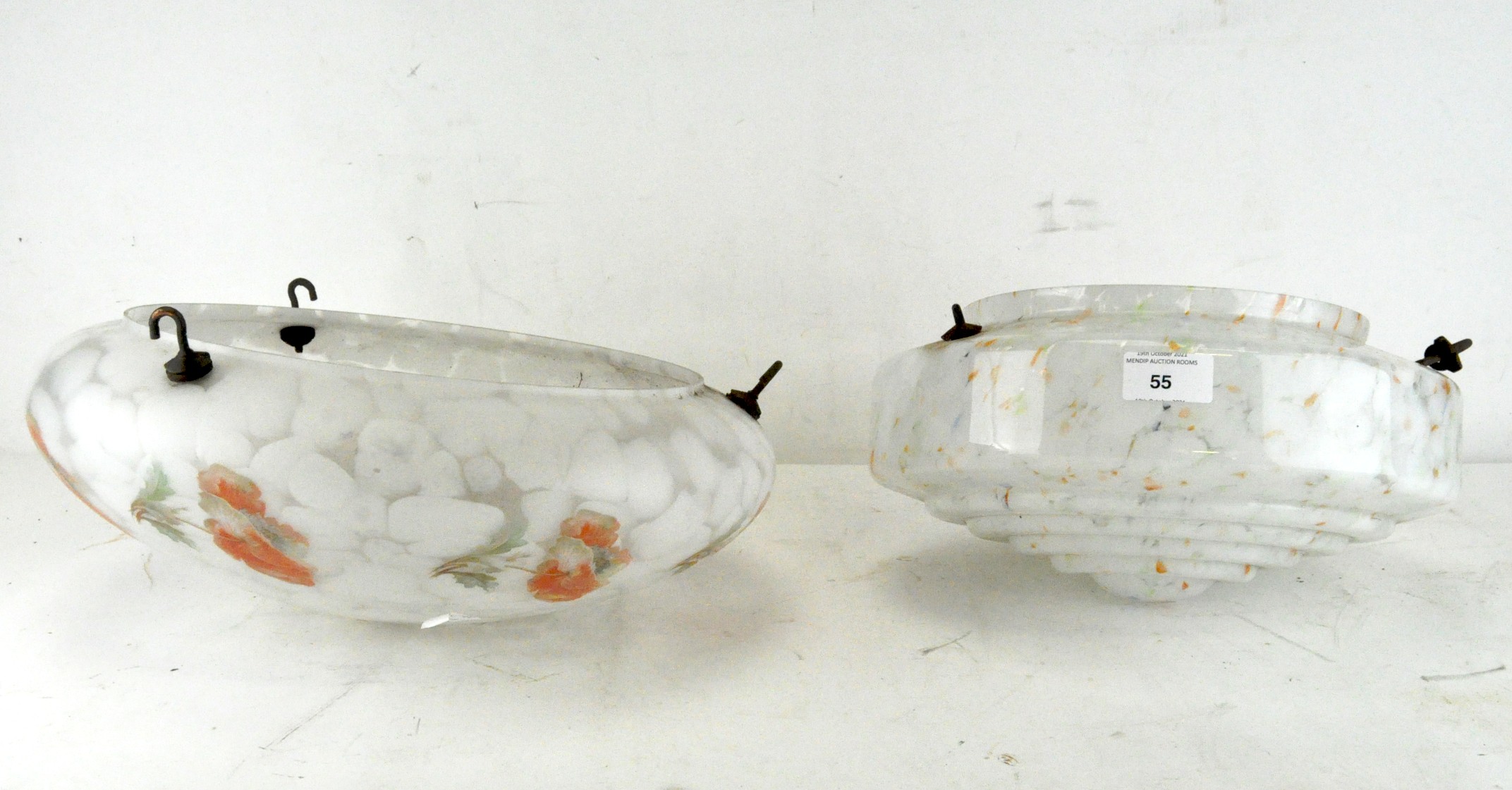 Two mid-century glass ceiling lamp shades, one being mottled glass,