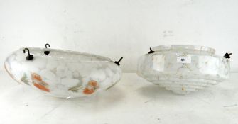 Two mid-century glass ceiling lamp shades, one being mottled glass,