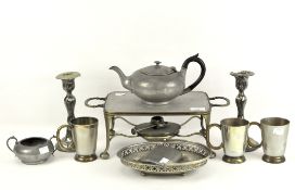 Assorted pewter metalware including a James Dixon 'Cornish Pewter' teapot and sugar bowl,