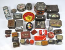 A collection of vintage advertising tins, including Oxo,