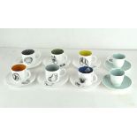 A vintage Suzie Cooper coffee service comprising six cups and saucers decorated with fruits,