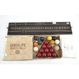 A Vintage mahogany G. Spencer & Sons snooker score board together with a boxed set of snooker balls