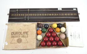 A Vintage mahogany G. Spencer & Sons snooker score board together with a boxed set of snooker balls