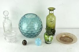 A collection of mixed coloured glass, including a Mary Gregory style pouring jug and more