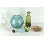 A collection of mixed coloured glass, including a Mary Gregory style pouring jug and more