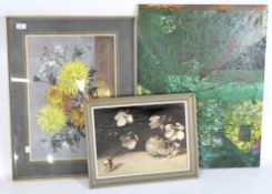 A group of three pictures, including an oil floral still life,
